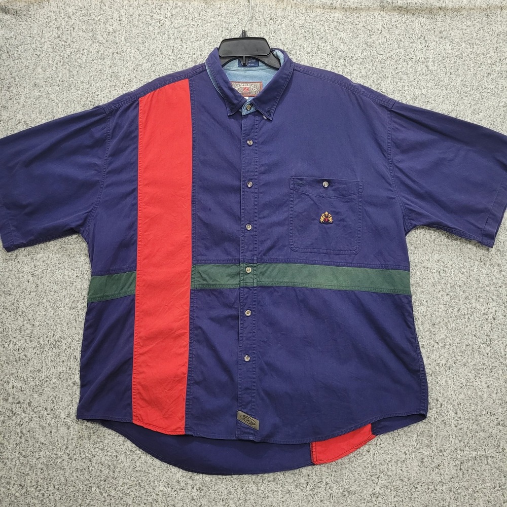 Vintage Urgent Gear Mens XXL Colorblock Button Down Shirt Navy Red Green 90s